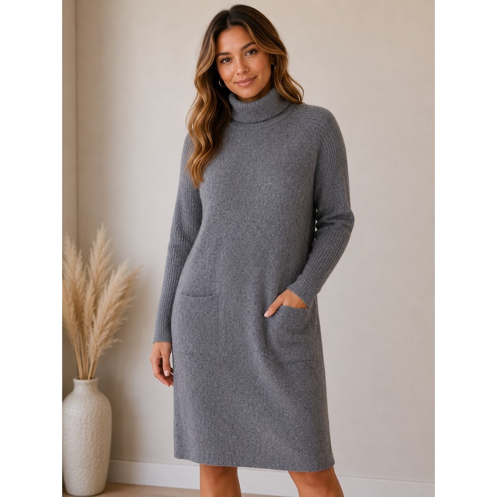 C by Bloomingdale's Gray Cashmere Wool Turtleneck Sweater Dress Medium Pockets